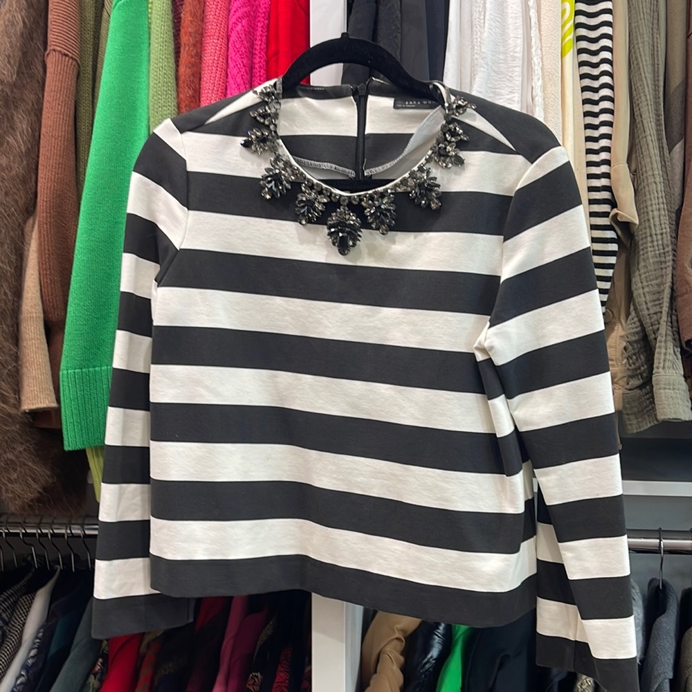 Black and white stripped jeweled top